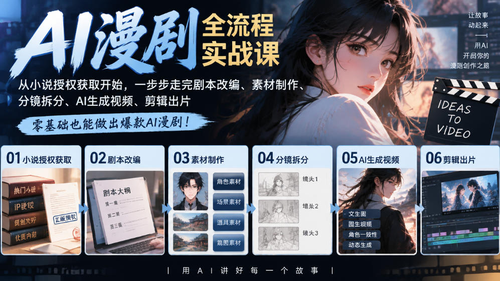 AI漫剧全流程实战课｜从小说授权获取开始，一步步走完剧本改编、素材制作、分镜拆分、AI生成视频、剪辑出片全流程-资源后花园