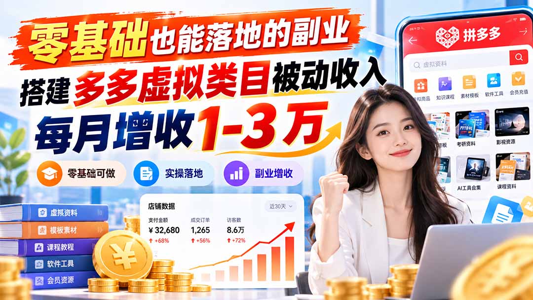 零基础也能落地的副业，搭建多多虚拟类目被动收入，每月增收 1-3 万-资源后花园