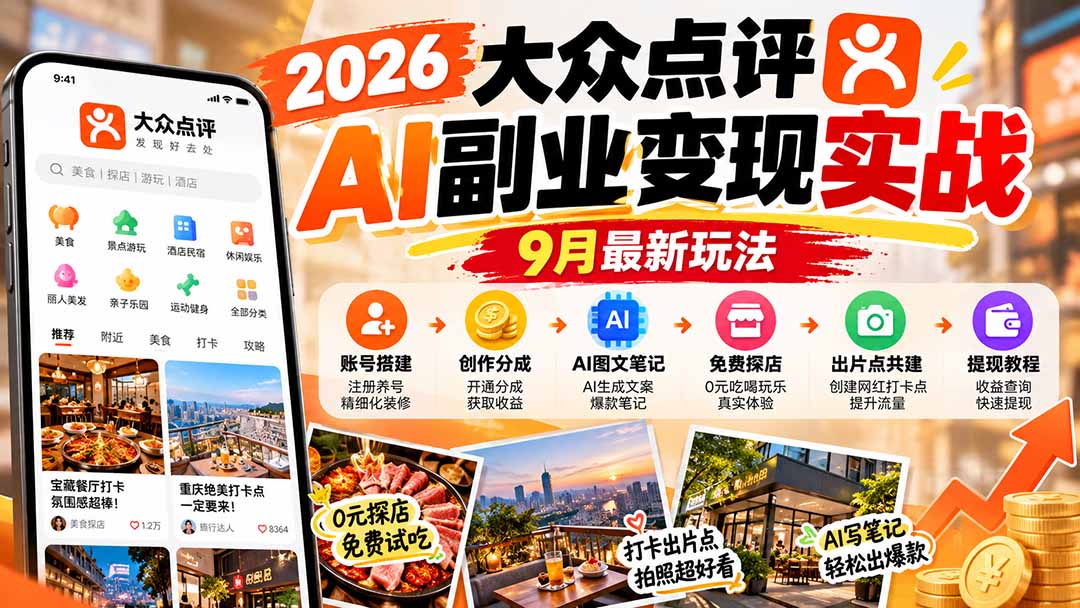 2026大众点评AI副业变现实战9月最新玩法：账号搭建+创作分成+AI图文笔记+免费探店+出片点共建与提现教程-资源后花园