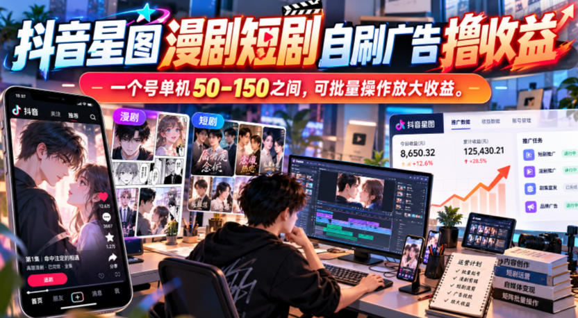 抖音星图漫剧短剧自刷广告撸收益，一个号单机50-150之间，可批量操作放大收益-资源后花园