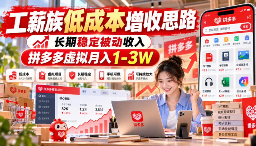 工薪族低成本增收思路，长期稳定被动收入，拼多多虚拟月入1-3W-资源后花园