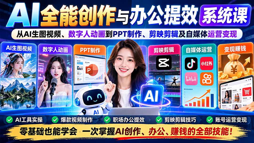 AI全能创作与办公提效系统课：从AI生图视频、数字人动画到PPT制作、剪映剪辑及自媒体运营变现-资源后花园