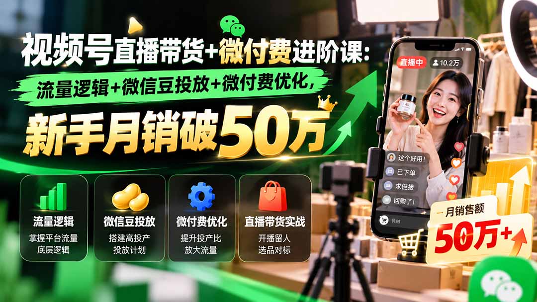 视频号直播带货+微付费进阶课-更新1010：流量逻辑+微信豆投放+微付费优化，新手月销破50万-资源后花园