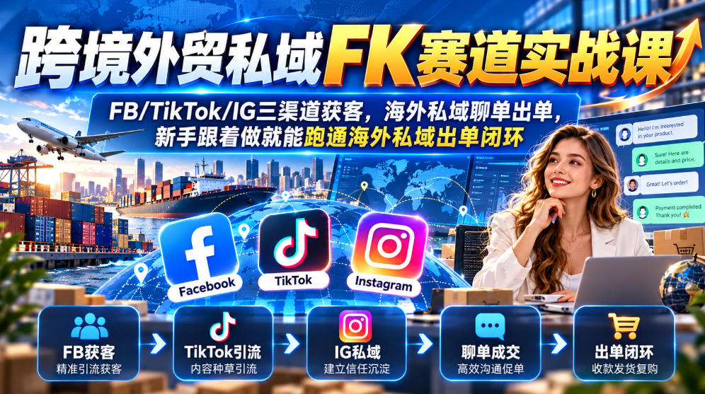 跨境外贸私域FK赛道实战课｜FB/TikTok/IG三渠道获客，海外私域聊单出单，新手跟着做就能跑通海外私域出单闭环-资源后花园