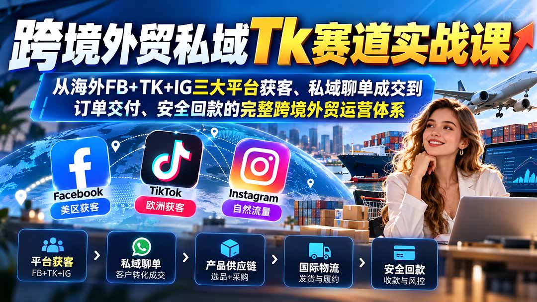跨境外贸私域Tk赛道实战课：从海外FB+TK+IG三大平台获客、私域聊单成交到订单交付、安全回款的完整跨境外贸运营体系-资源后花园