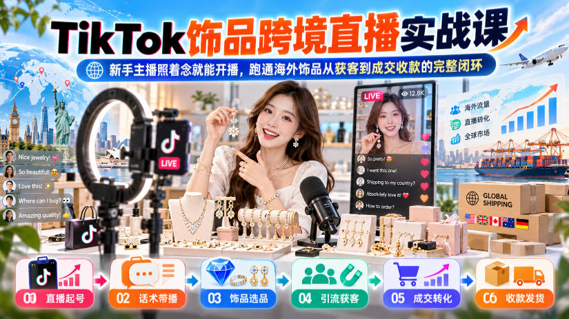 TikTok饰品跨境直播实战课，新手主播照着念就能开播，跑通海外饰品从获客到成交收款的完整闭环-资源后花园