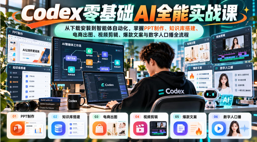 Codex零基础AI全能实战课：从下载安装到智能体自动化，掌握知识库搭建、电商出图、视频剪辑、爆款文案与数字人口播全流程-资源后花园