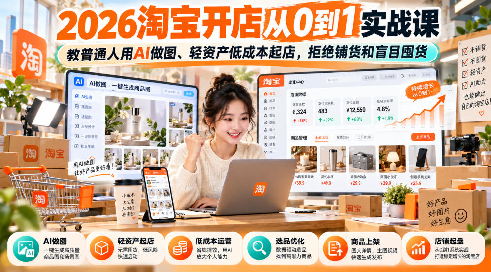 2026淘宝开店从0到1实战课，教普通人用AI做图、轻资产低成本起店，拒绝铺货和盲目囤货-资源后花园