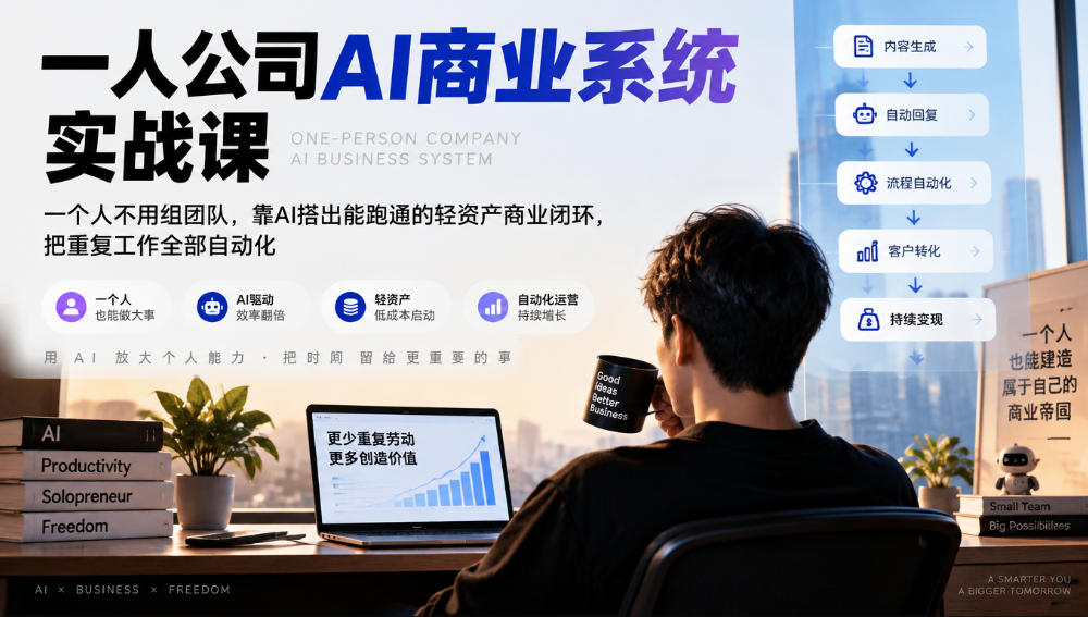 一人公司AI商业系统实战课，一个人不用组团队，靠AI搭出能跑通的轻资产商业闭环，把重复工作全部自动化-资源后花园