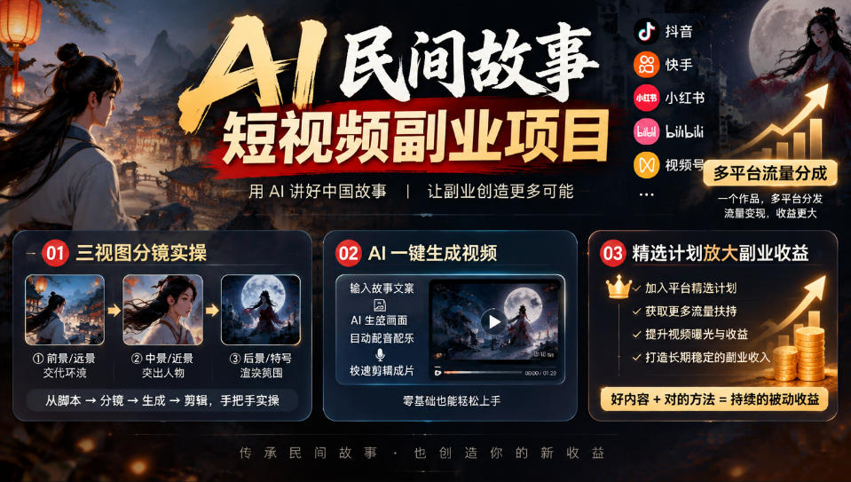 AI民间故事短视频副业项目，多平台流量分成，三视图分镜实操，精选计划放大副业收益-资源后花园
