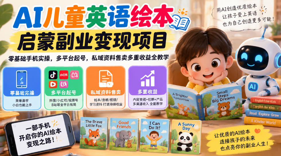 AI儿童英语绘本启蒙副业变现项目，零基础手机实操，多平台起号，私域资料售卖多重收益全教学-资源后花园