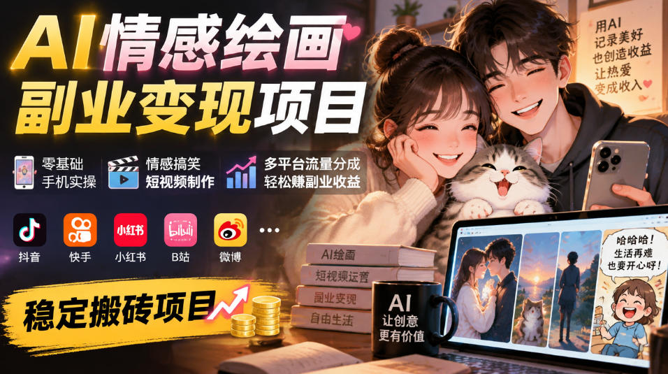 AI情感绘画副业变现项目｜零基础手机实操，情感搞笑短视频制作，多平台流量分成轻松賺副业收益-资源后花园