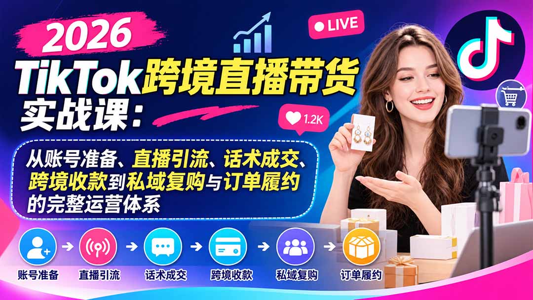 2026TikTok跨境直播带货实战课：从账号准备、直播引流、话术成交、跨境收款到私域复购与订单履约的完整运营体系-资源后花园