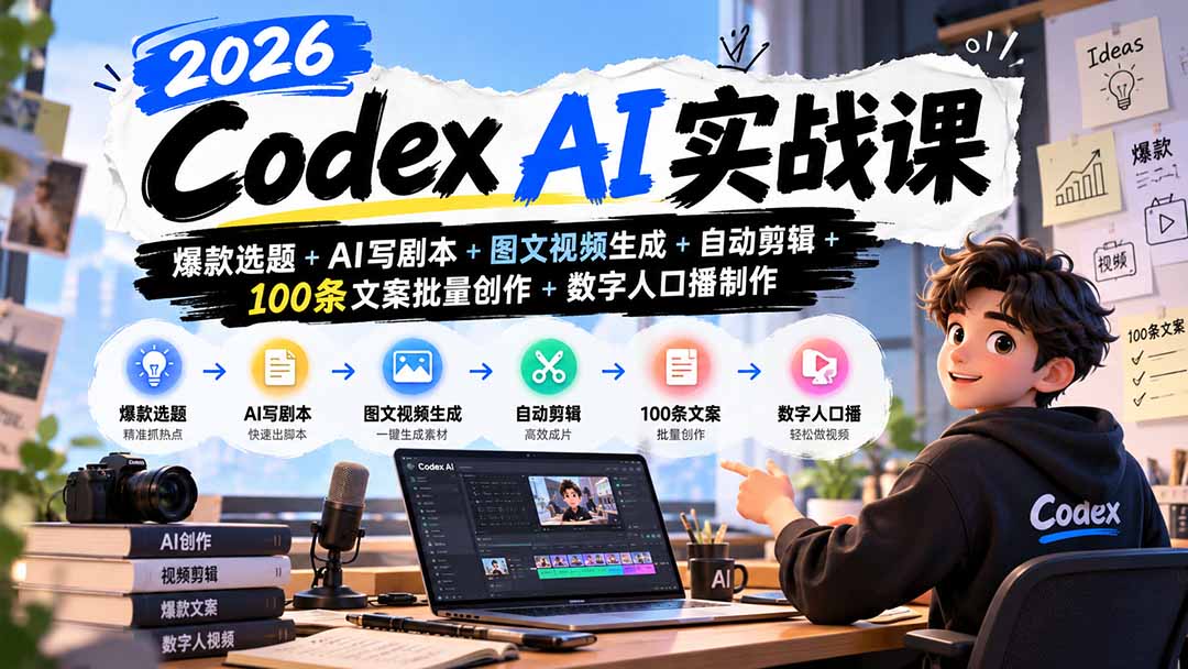 2026Codex AI实战课：爆款选题+AI写剧本+图文视频生成+自动剪辑+100条文案批量创作+数字人口播制作-资源后花园