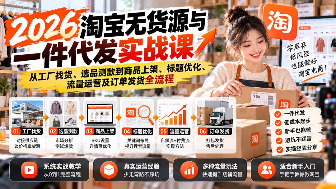 2026淘宝无货源与一件代发实战课：从工厂找货、选品测款到商品上架、标题优化、流量运营及订单发货全流程-资源后花园
