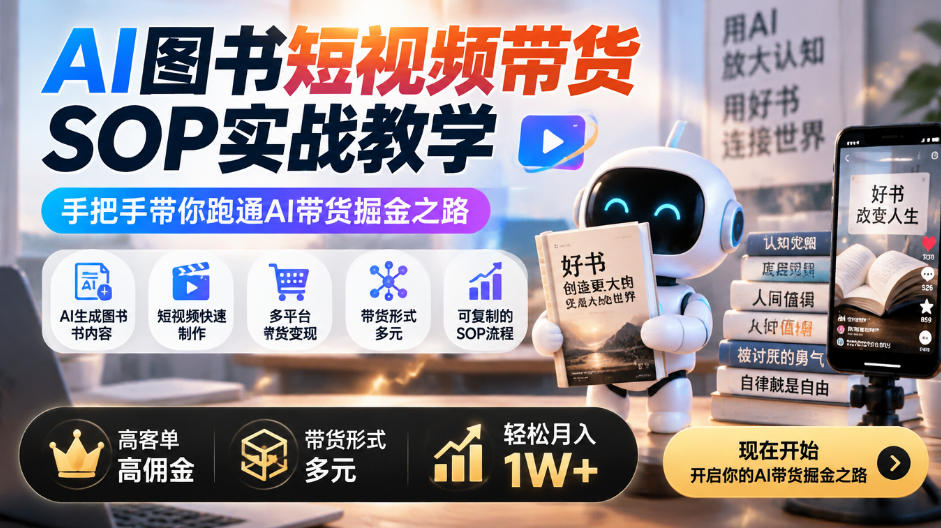 AI图书短视频带货SOP实战教学，手把手带你跑通AI带货掘金之路，高客单高佣金，带货形式多元，轻松月入1W+-资源后花园
