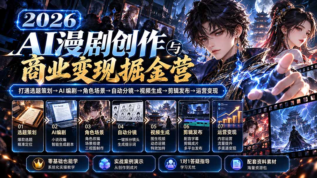 【无水印】2026AI漫剧创作与商业变现掘金营：打通选题→AI编剧→角色场景→自动分镜→视频生成→剪辑发布→运营变现-资源后花园