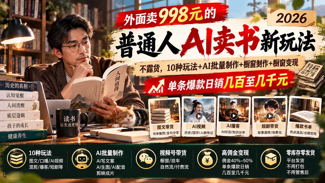 外面卖998元的2026普通人AI卖书新玩法：不露脸、不囤货，10种玩法+AI批量制作+橱窗变现，单条爆款日销几百至几千元-资源后花园