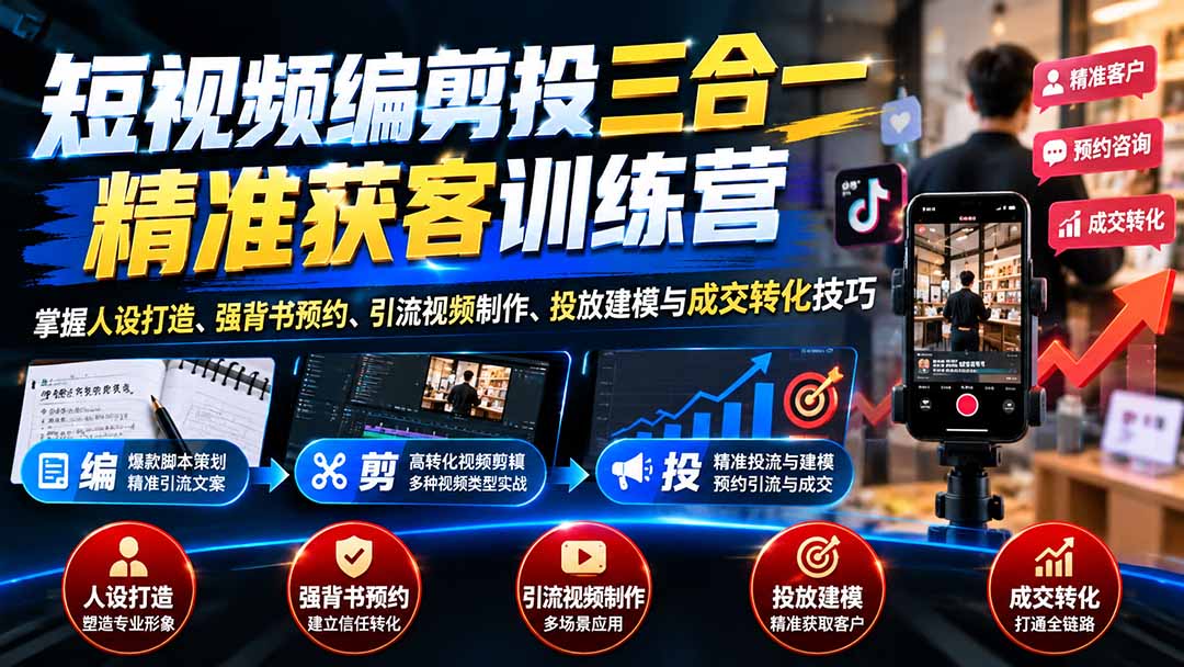 短视频编剪投三合一精准获客训练营：掌握人设打造、强背书预约、引流视频制作、投放建模与成交转化技巧-资源后花园