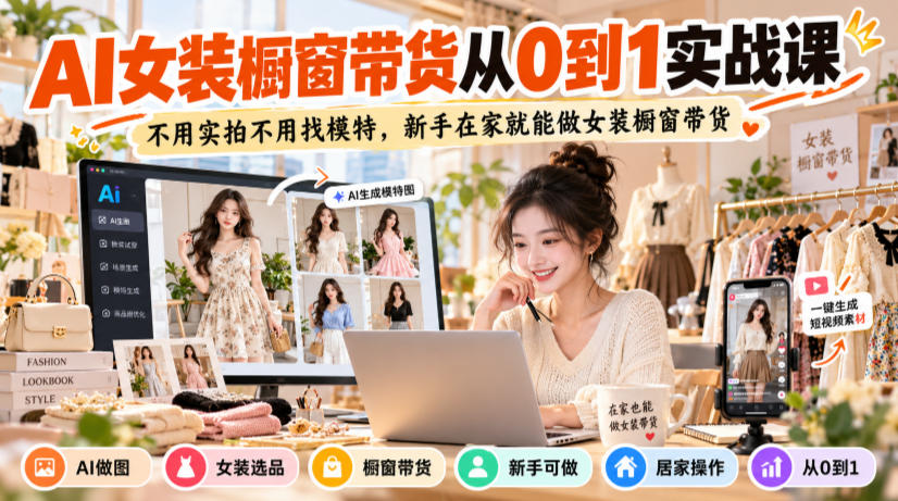AI女装橱窗带货从0到1实战课，不用实拍不用找模特，新手在家就能做女装橱窗带货-资源后花园