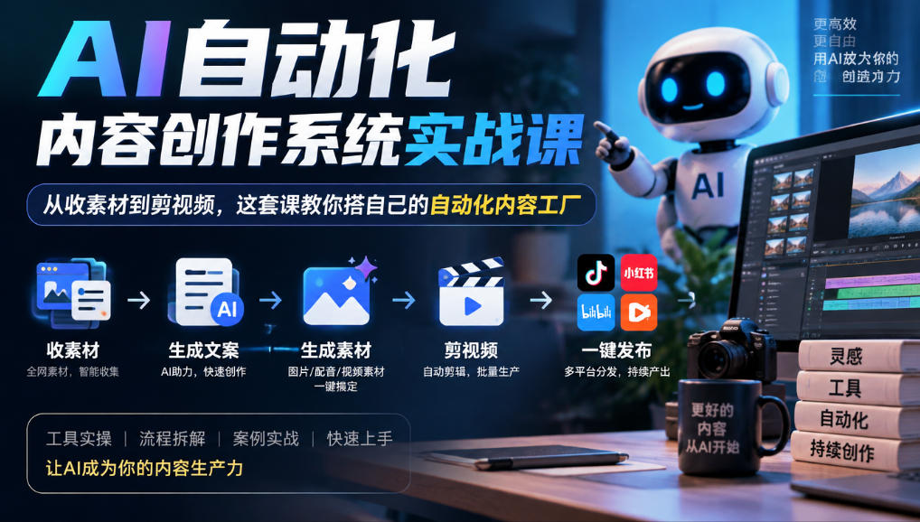 AI自动化内容创作系统实战课，从收素材到剪视频，这套课教你搭自己的自动化内容工厂-资源后花园