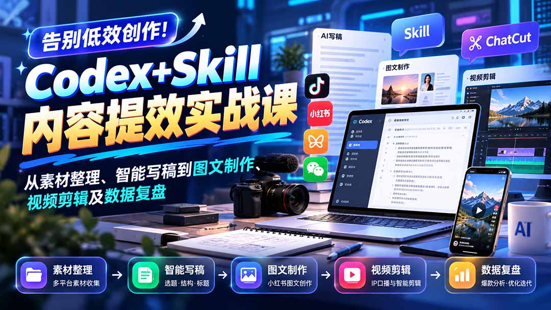 【无水印】告别低效创作！Codex+Skill内容提效实战课：从素材整理、智能写稿到图文制作、视频剪辑及数据复盘-资源后花园