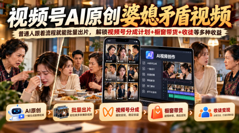 视频号ai原创婆媳矛盾视频，普通人跟着流程就能批量出片，解锁视频号分成计划+橱窗带货+收徒等多种收益-资源后花园