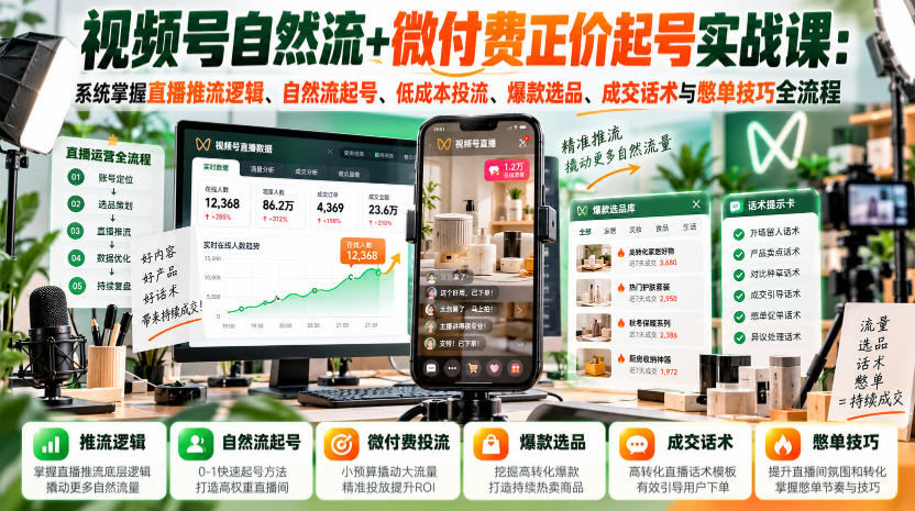 视频号自然流+微付费正价起号实战课：系统掌握直播推流逻辑、自然流起号、低成本投流、爆款选品、成交话术与憋单技巧全流程-资源后花园