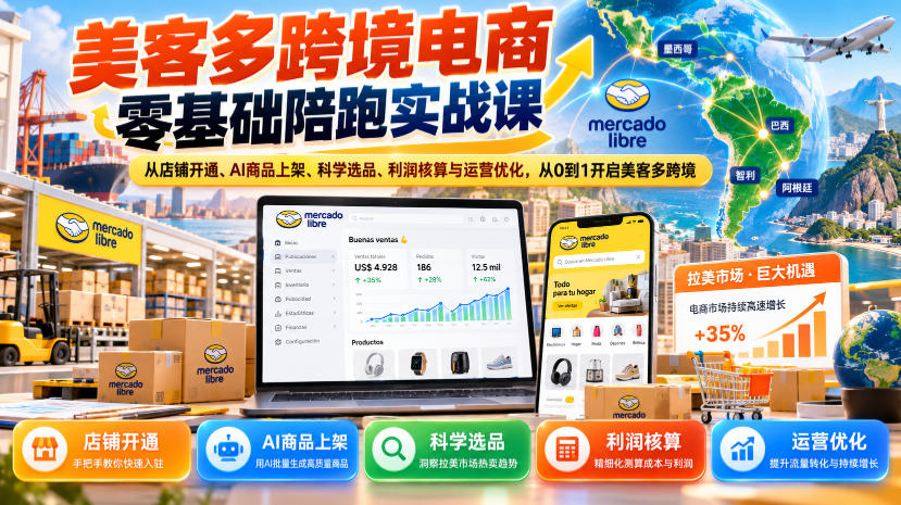 美客多跨境电商零基础陪跑实战课：从店铺开通、AI商品上架、科学选品、利润核算与运营优化，从0到1开启美客多跨境-资源后花园
