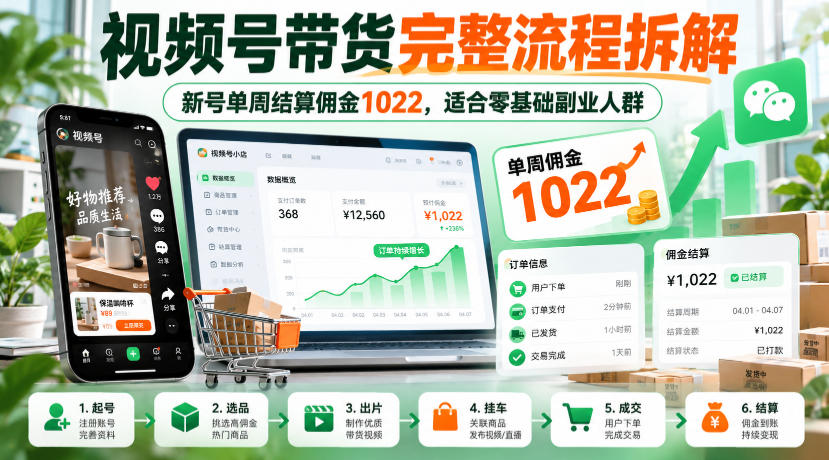 视频号带货完整流程拆解，新号单周结算佣金1022，适合零基础副业人群-资源后花园