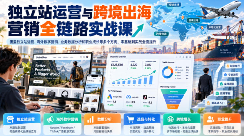 独立站运营与跨境出海营销全链路实战课，覆盖独立站运营、海外数字营销、业务数据分析和职业成长等多个方向，零基础到实战全面提升-资源后花园