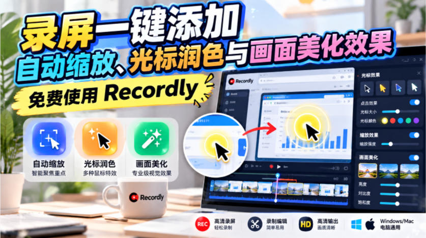 录屏一键添加自动缩放、光标润色与画面美化效果，免费使用Recordly-资源后花园