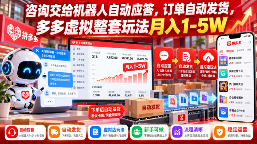 咨询交给机器人自动应答，订单自动发货，多多虚拟整套玩法月入1-5W【揭秘】-资源后花园