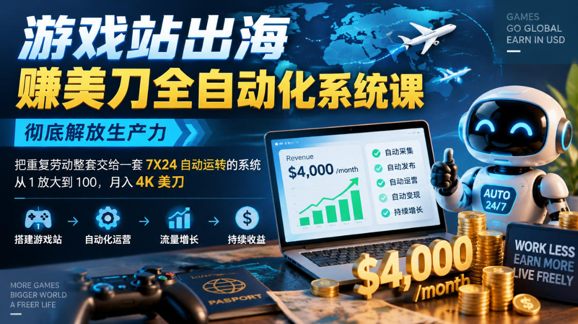游戏站出海賺美刀全自动化系统课，彻底解放生产力–把重复劳动整套交给一套7X24自动运转的系统，从1放大到100，月入4K美刀-资源后花园