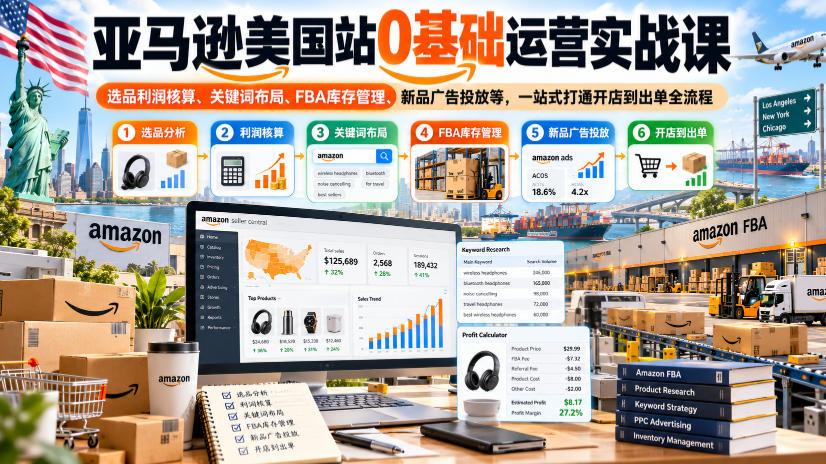 亚马逊美国站0基础运营实战课｜选品利润核算、关键词布局、FBA库存管理、新品广告投放等，一站式打通开店到出单全流程-资源后花园