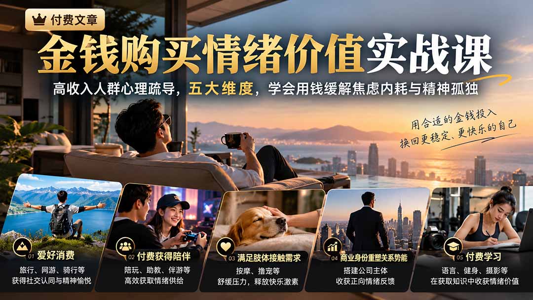 付费文章：金钱购买情绪价值实战课｜高收入人群心理疏导，五大维度，学会用钱缓解焦虑内耗与精神孤独-资源后花园
