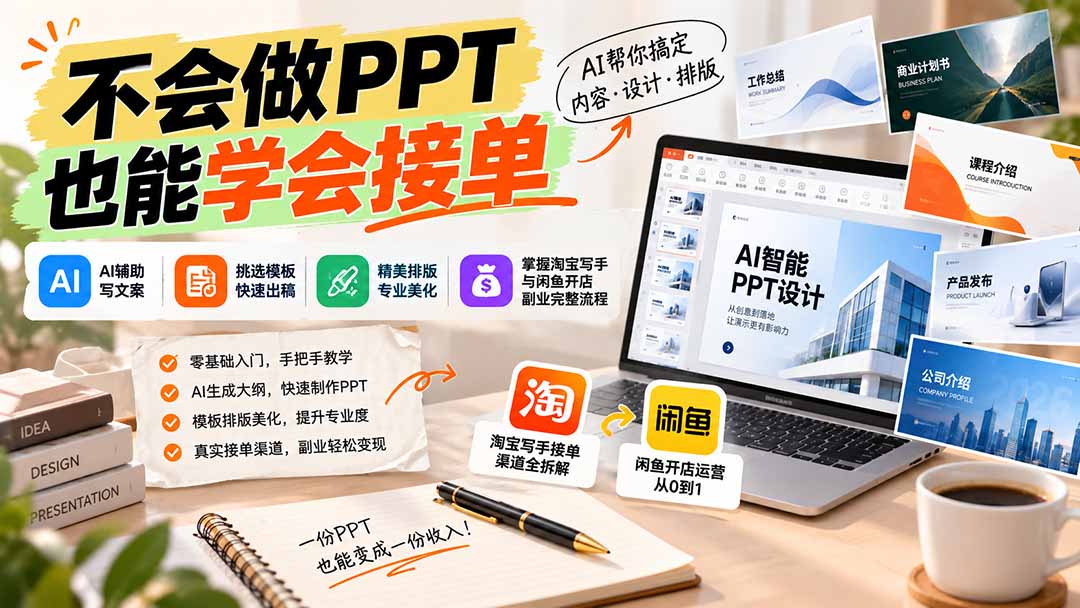 不会做PPT也能学会接单：AI辅助写文案、挑模板、做排版，掌握淘宝写手与闲鱼开店副业完整流程-资源后花园