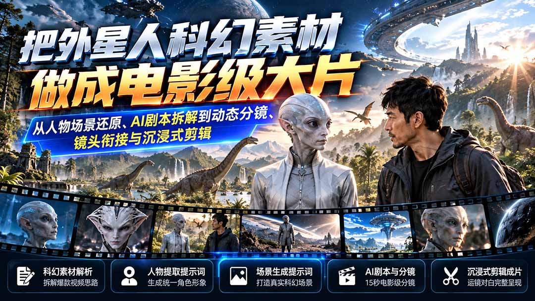 把外星人科幻素材做成电影级大片：从人物场景还原、AI剧本拆解到动态分镜、镜头衔接与沉浸式剪辑-资源后花园