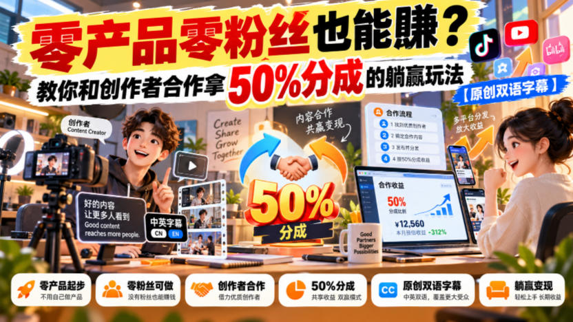【无水印】零产品零粉丝也能賺？教你和创作者合作拿50%分成的躺赢玩法【原创双语字幕】-资源后花园