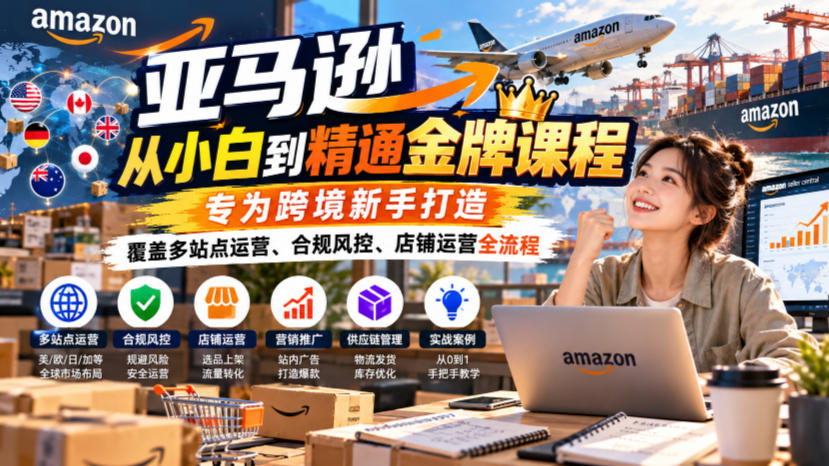 亚马逊从小白到精通金牌课程，专为跨境新手打造，覆盖多站点运营、合规风控、店铺运营全流程-资源后花园