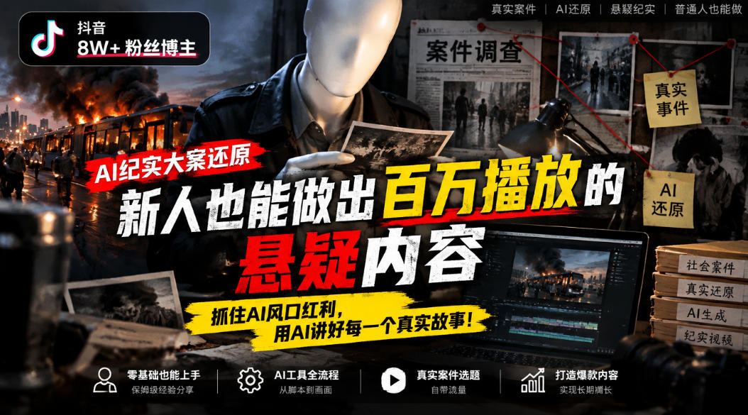 抖音8W粉丝博主的AI纪实大案还原教学，新人也能做出百W播放的悬疑内容，抓住AI风口红利，用AI讲好每一个真实故事(更新1014)-资源后花园