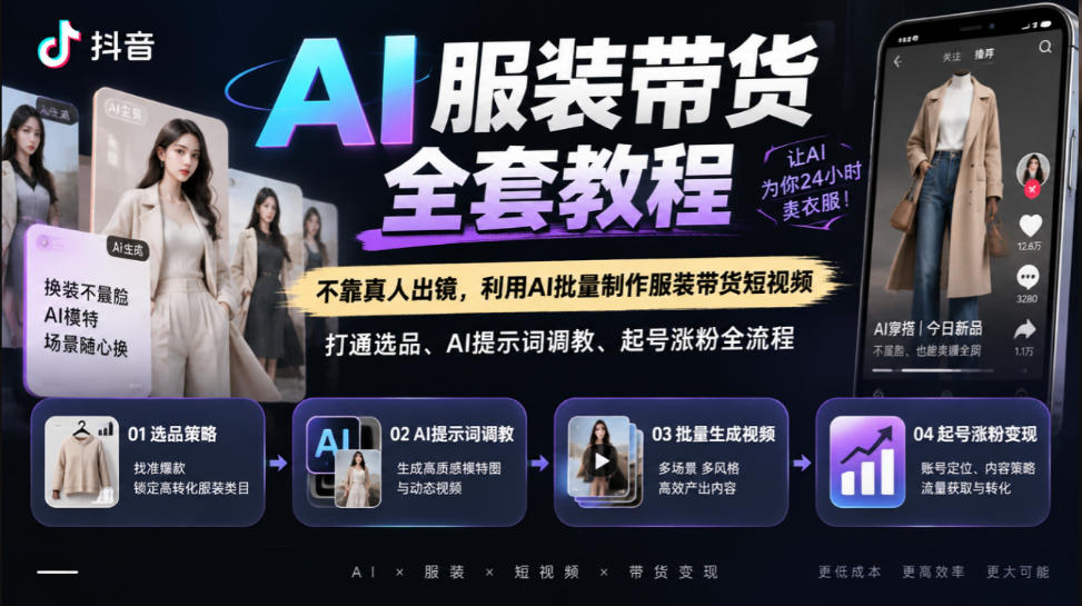 抖音AI服装带货全套教程，不靠真人出镜，利用AI批量制作服装带货短视频，打通选品、AI提示词调教、起号涨粉全流程-资源后花园