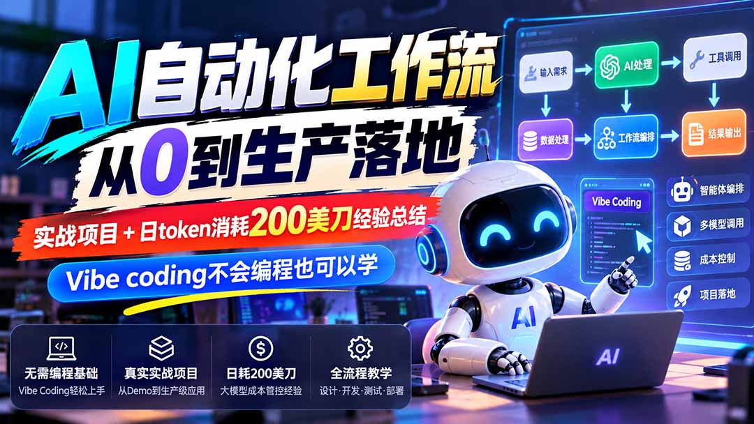 【无水印】AI自动化工作流从0到生产落地，实战项目+日token消耗200美刀经验总结，Vibe coding不会编程也可以学-资源后花园