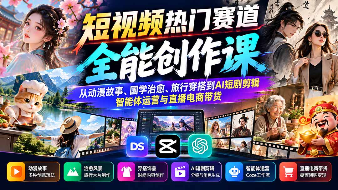 短视频热门赛道全能创作课：从动漫故事、国学治愈、旅行穿搭到AI短剧剪辑、智能体运营与直播电商带货-资源后花园