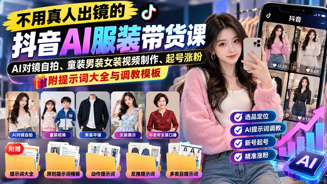 不用真人出镜的抖音AI服装带货课:AI对镜自拍、童装男装女装视频制作、起号涨粉,附提示词大全与调教模板-资源后花园