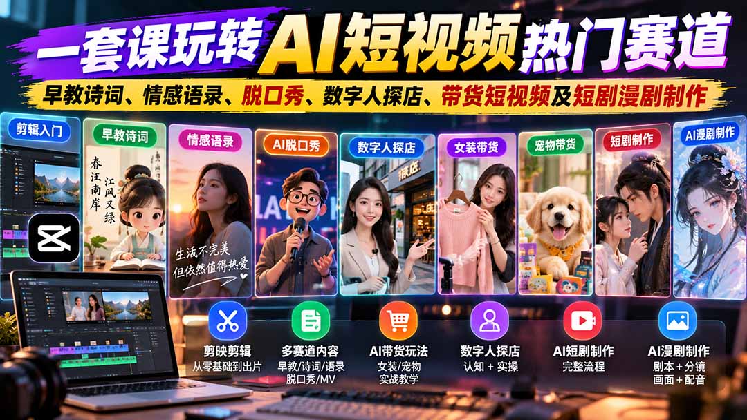 一套课玩转AI短视频热门赛道：早教诗词、情感语录、脱口秀、数字人探店、带货短视频及短剧漫剧制作  复制标题