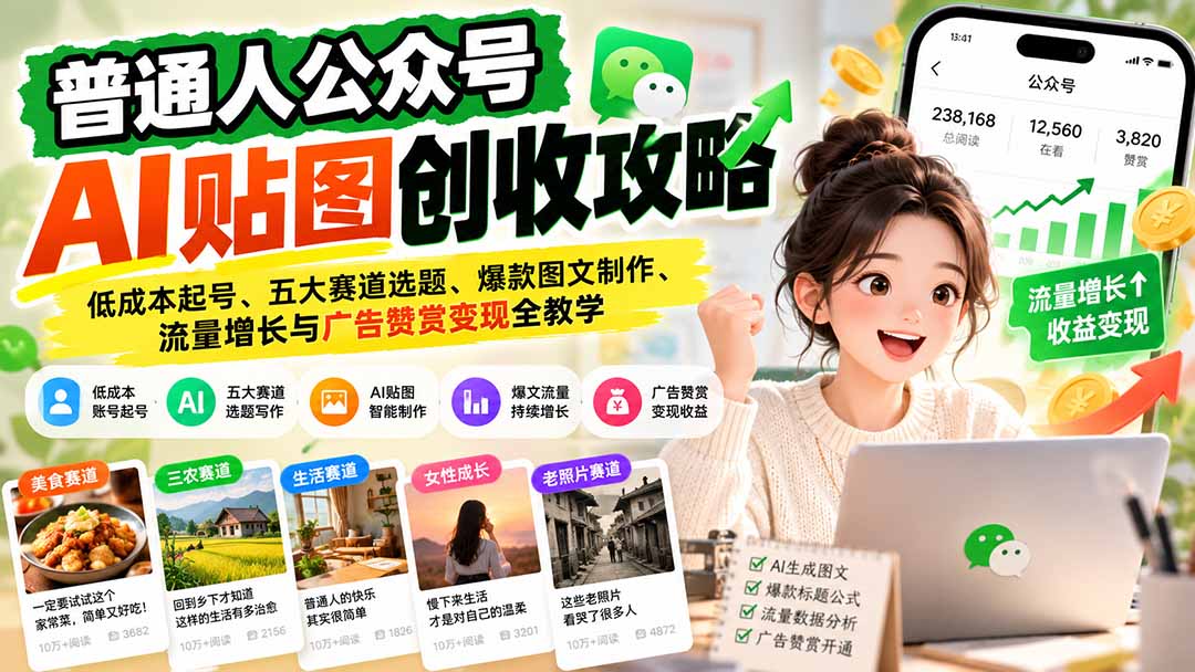 普通人公众号AI贴图创收攻略：低成本起号、五大赛道选题、爆款图文制作、流量增长与广告赞赏变现全教学-资源后花园