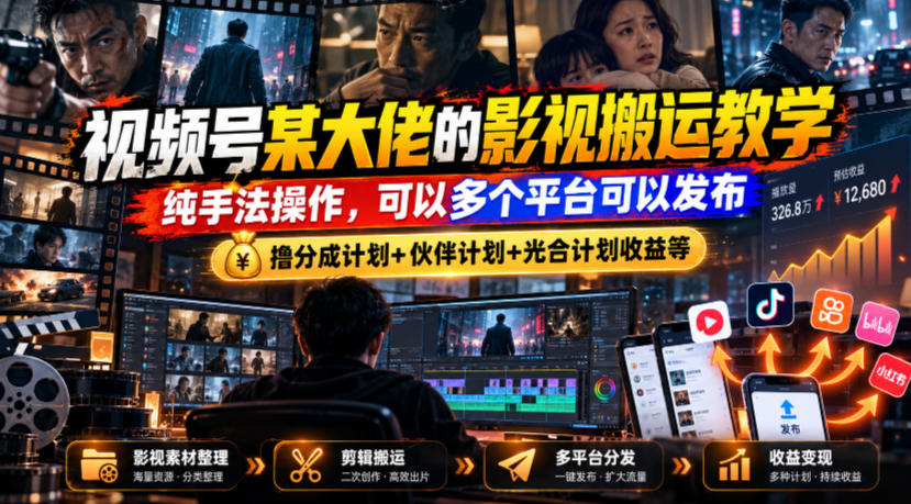 视频号某大佬的影视搬运教学，纯手法操作，可以多个平台可以发布，撸分成计划+伙伴计划+光合计划收益等-资源后花园