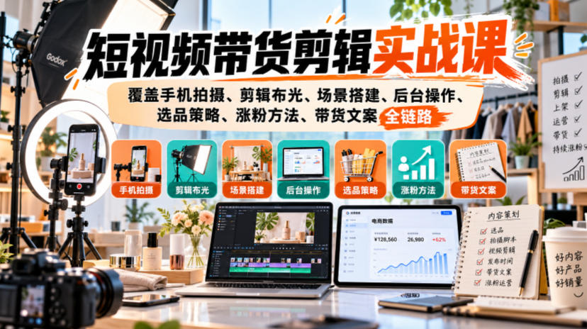 短视频带货剪辑实战课，覆盖手机拍摄、剪辑布光、场景搭建、后台操作、选品策略、涨粉方法、带货文案全链路-资源后花园