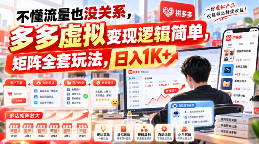 不懂流量也没关系，多多虚拟变现逻辑简单，矩阵全套玩法，日入1K+【揭秘】-资源后花园